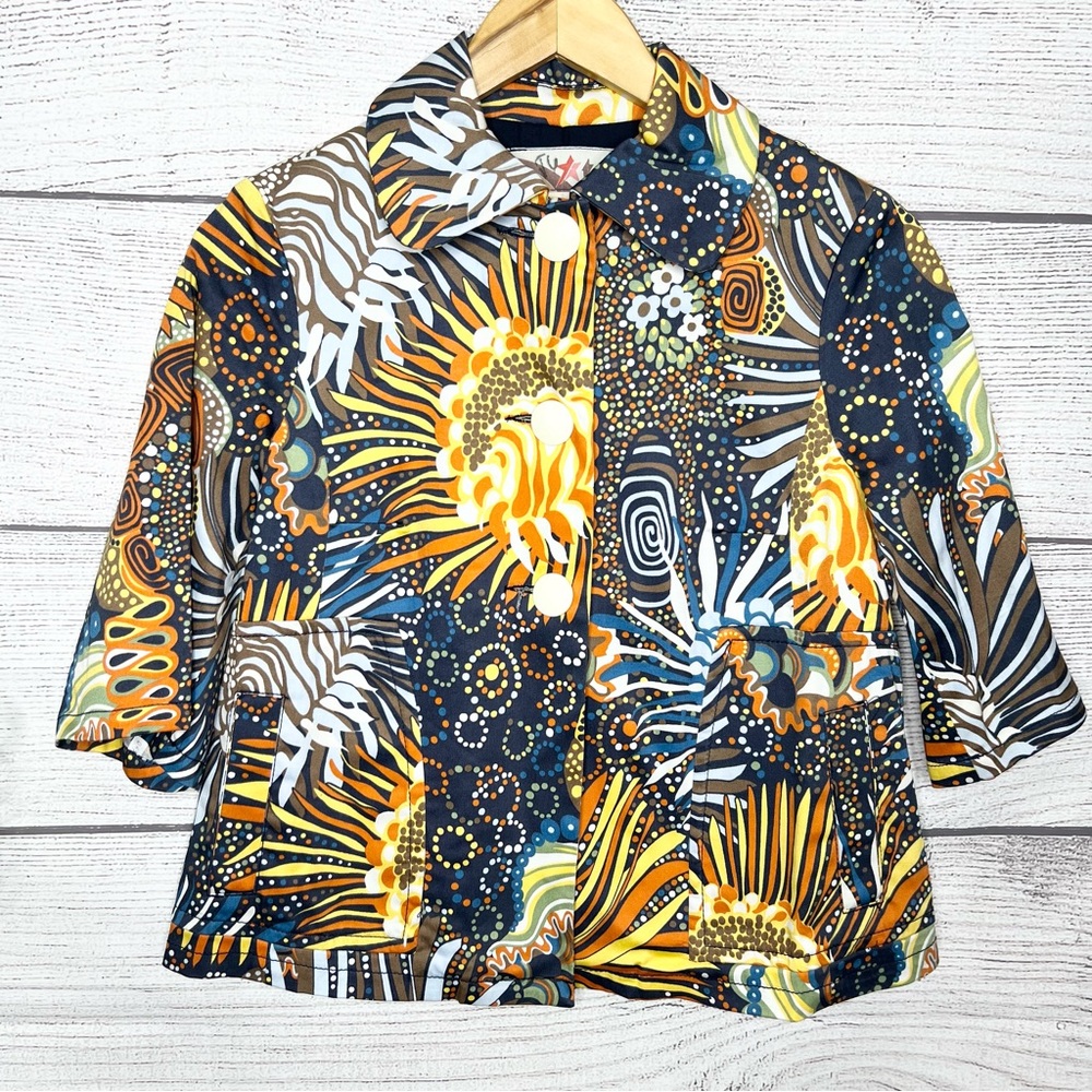 TRL Retro Floral Cropped Button-Up Jacket Size Small Navy, Yellow & White